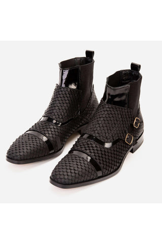 Vinci Orion Embossed Leather Double Monk-Strap Boot - Black-AmbrogioShoes