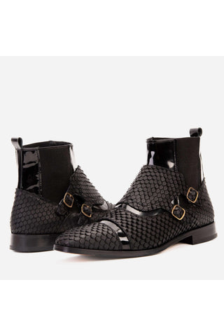 Vinci Orion Embossed Leather Double Monk-Strap Boot - Black-AmbrogioShoes