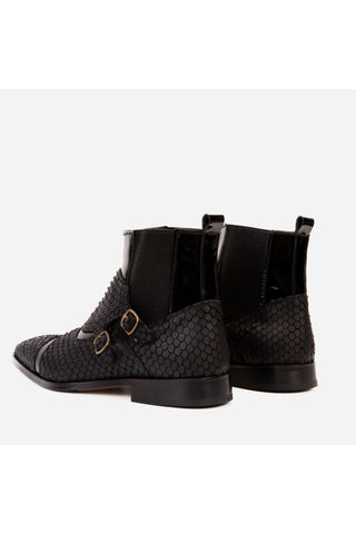 Vinci Orion Embossed Leather Double Monk-Strap Boot - Black-AmbrogioShoes