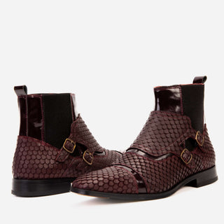 Vinci Orion Embossed Leather Double Monk-Strap Boot - Burgundy-AmbrogioShoes