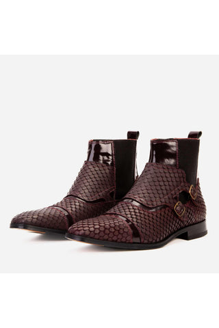 Vinci Orion Embossed Leather Double Monk-Strap Boot - Burgundy-AmbrogioShoes