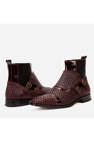 Vinci Orion Embossed Leather Double Monk-Strap Boot - Burgundy-AmbrogioShoes