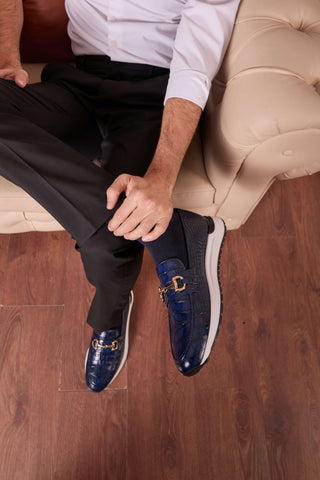 Vinci Padova Leather Horse-Bit Loafer - Navy-AmbrogioShoes