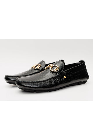 Vinci Pisa Embossed Leather Horse-Bit Loafer - Black-AmbrogioShoes
