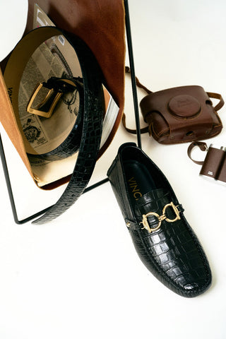 Vinci Pisa Embossed Leather Horse-Bit Loafer - Black-AmbrogioShoes