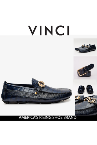 Vinci Pisa Embossed Leather Horse-Bit Loafer - Navy-AmbrogioShoes