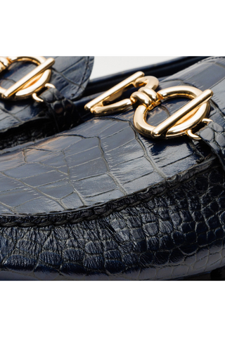Vinci Pisa Embossed Leather Horse-Bit Loafer - Navy-AmbrogioShoes
