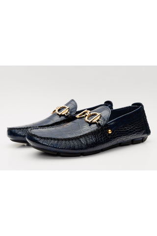 Vinci Pisa Embossed Leather Horse-Bit Loafer - Navy-AmbrogioShoes
