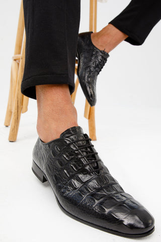 Vinci Randor Crocodile Skin Oxford - Black-AmbrogioShoes