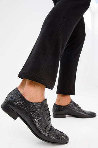 Vinci Randor Crocodile Skin Oxford - Black-AmbrogioShoes
