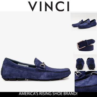 Vinci Rome Suede Horse-Bit Loafer - Navy-AmbrogioShoes