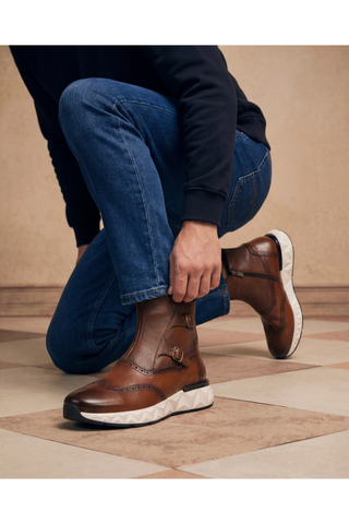 Vinci Stealth Leather Double Monk-Strap Boot - Tan-AmbrogioShoes