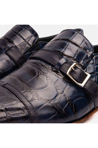Vinci Strat Crocodile Single Monk-Strap Loafer - Navy-AmbrogioShoes