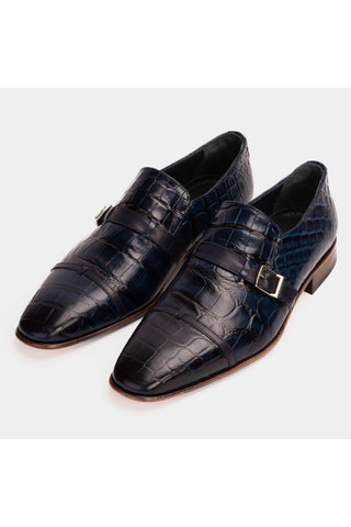 Vinci Strat Crocodile Single Monk-Strap Loafer - Navy-AmbrogioShoes