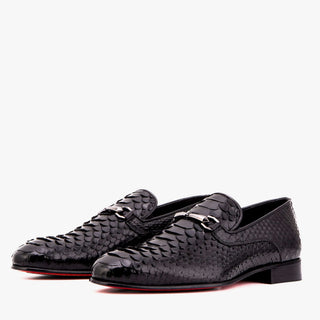 Vinci Viper Python Skin Horse-Bit Loafer - Black-AmbrogioShoes