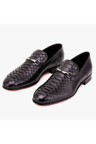 Vinci Viper Python Skin Horse-Bit Loafer - Black-AmbrogioShoes