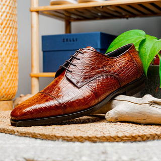 Zelli Italia Andrea Men's Shoe Cognac Crocodile Skin Derby (ZEL1034)-AmbrogioShoes
