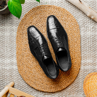Zelli Italia Andrea Men's Shoes Black Crocodile Skin Derby (ZEL1034)-AmbrogioShoes