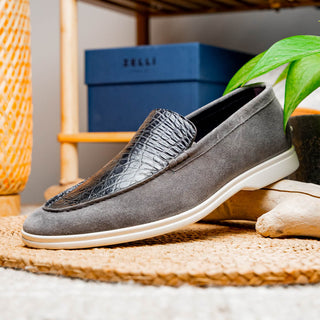 Zelli Italia Bene Men’s Shoes Gray Suede Goat-Skin & Crocodile Loafer (ZEL1016)-AmbrogioShoes