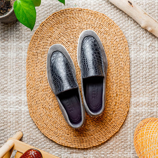 Zelli Italia Bene Men’s Shoes Gray Suede Goat-Skin & Crocodile Loafer (ZEL1016)-AmbrogioShoes