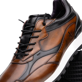 Zelli Italia Bravo Men's Shoes Cognac & Black Burnished Calf-Skin Leather Sneaker (ZEL1063)-AmbrogioShoes