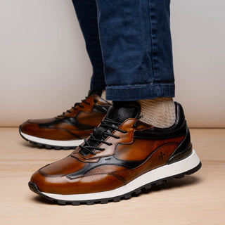 Zelli Italia Bravo Men's Shoes Cognac & Black Burnished Calf-Skin Leather Sneaker (ZEL1063)-AmbrogioShoes