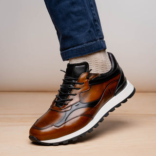 Zelli Italia Bravo Men's Shoes Cognac & Black Burnished Calf-Skin Leather Sneaker (ZEL1063)-AmbrogioShoes