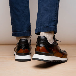 Zelli Italia Bravo Men's Shoes Cognac & Black Burnished Calf-Skin Leather Sneaker (ZEL1063)-AmbrogioShoes