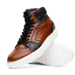 Zelli Italia Bravo Men's Shoes Cognac & Brown Burnished Calf-Skin Leather High-Top Sneaker (ZEL1061)-AmbrogioShoes