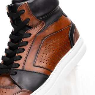 Zelli Italia Bravo Men's Shoes Cognac & Brown Burnished Calf-Skin Leather High-Top Sneaker (ZEL1061)-AmbrogioShoes