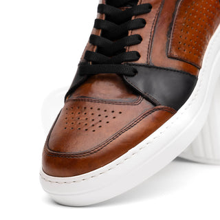 Zelli Italia Bravo Men's Shoes Cognac & Brown Burnished Calf-Skin Leather High-Top Sneaker (ZEL1061)-AmbrogioShoes