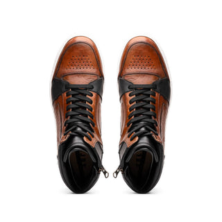Zelli Italia Bravo Men's Shoes Cognac & Brown Burnished Calf-Skin Leather High-Top Sneaker (ZEL1061)-AmbrogioShoes