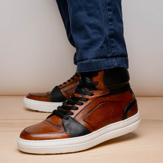 Zelli Italia Bravo Men's Shoes Cognac & Brown Burnished Calf-Skin Leather High-Top Sneaker (ZEL1061)-AmbrogioShoes