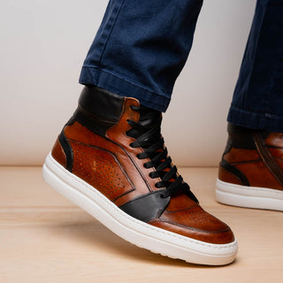 Zelli Italia Bravo Men's Shoes Cognac & Brown Burnished Calf-Skin Leather High-Top Sneaker (ZEL1061)-AmbrogioShoes
