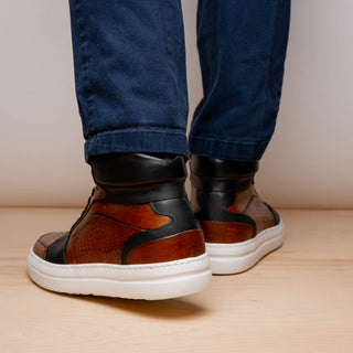 Zelli Italia Bravo Men's Shoes Cognac & Brown Burnished Calf-Skin Leather High-Top Sneaker (ZEL1061)-AmbrogioShoes