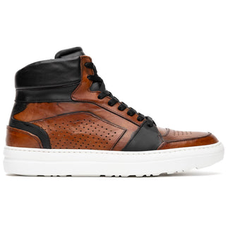 Zelli Italia Bravo Men's Shoes Cognac & Brown Burnished Calf-Skin Leather High-Top Sneaker (ZEL1061)-AmbrogioShoes