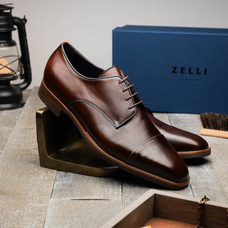 Zelli Italia Enzo Men's Shoes Chestnut Calf-Skin Leather Cap-toe Derby (ZEL1040)-AmbrogioShoes