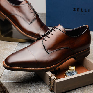 Zelli Italia Enzo Men's Shoes Chestnut Calf-Skin Leather Cap-toe Derby (ZEL1040)-AmbrogioShoes