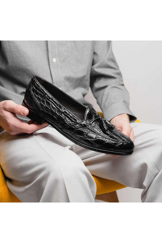 Zelli Italia Franco Black Crocodile Skin Tassel Loafer (ZEL1005)-AmbrogioShoes