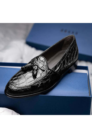 Zelli Italia Franco Black Crocodile Skin Tassel Loafer (ZEL1005)-AmbrogioShoes