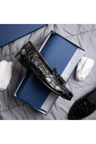 Zelli Italia Franco Black Crocodile Skin Tassel Loafer (ZEL1005)-AmbrogioShoes