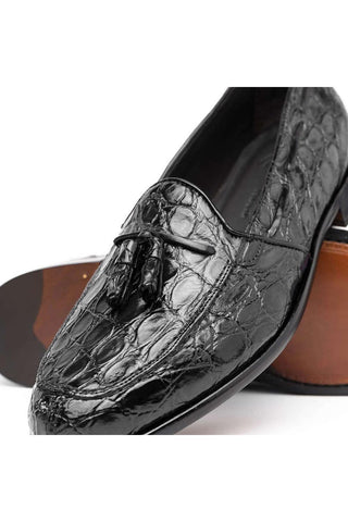 Zelli Italia Franco Black Crocodile Skin Tassel Loafer (ZEL1005)-AmbrogioShoes