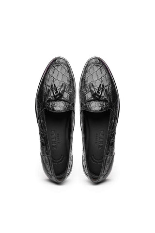 Zelli Italia Franco Black Crocodile Skin Tassel Loafer (ZEL1005)-AmbrogioShoes
