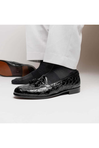 Zelli Italia Franco Black Crocodile Skin Tassel Loafer (ZEL1005)-AmbrogioShoes