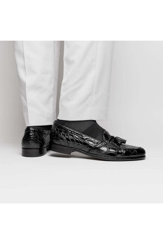 Zelli Italia Franco Black Crocodile Skin Tassel Loafer (ZEL1005)-AmbrogioShoes