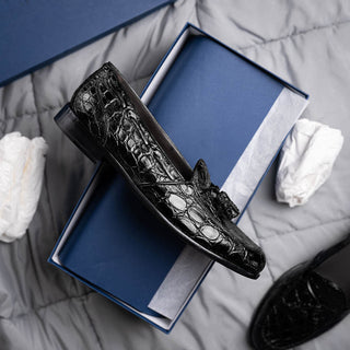 Zelli Italia Franco Men's Shoes Black Crocodile Skin Tassel Loafer (ZEL1005)-AmbrogioShoes