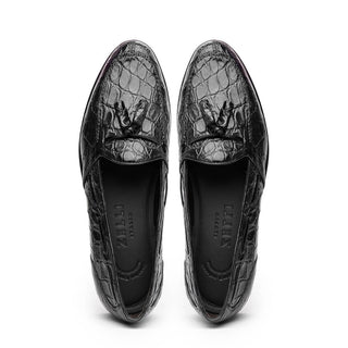 Zelli Italia Franco Men's Shoes Black Crocodile Skin Tassel Loafer (ZEL1005)-AmbrogioShoes