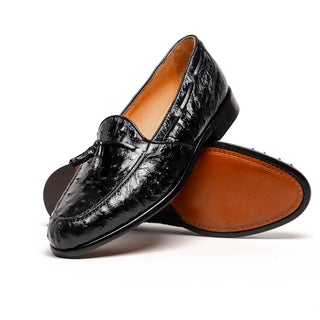 Zelli Italia Franco Men’s Shoes Black Ostrich Skin Tassel Loafer (ZEL1015)-AmbrogioShoes