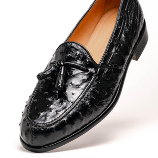 Zelli Italia Franco Men’s Shoes Black Ostrich Skin Tassel Loafer (ZEL1015)-AmbrogioShoes