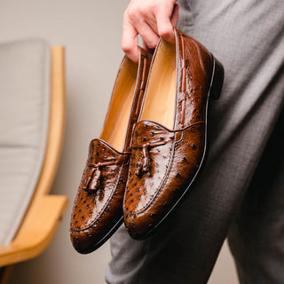 Zelli Italia Franco Men’s Shoes Brown Ostrich Skin Tassel Loafer (ZEL1015)-AmbrogioShoes